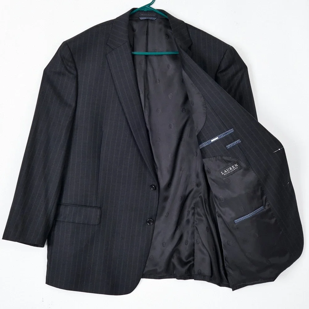 Lauren Ralph Lauren Blazer Mens 50L Black Pinstripe 100% Wool Natural Stretch